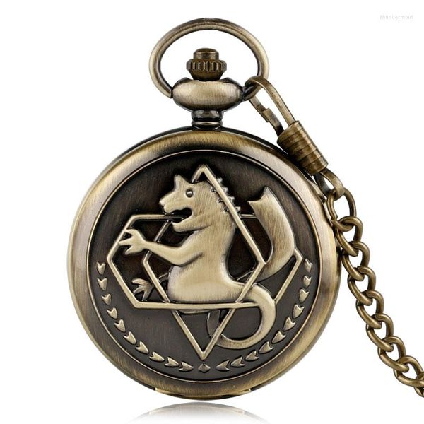 Taschenuhren Klassische Bronze Vollquarzuhr Fullmetal Alchemist Cartoon Cosplay Fob Zeit Männer Frauen mit 30 cm Kette