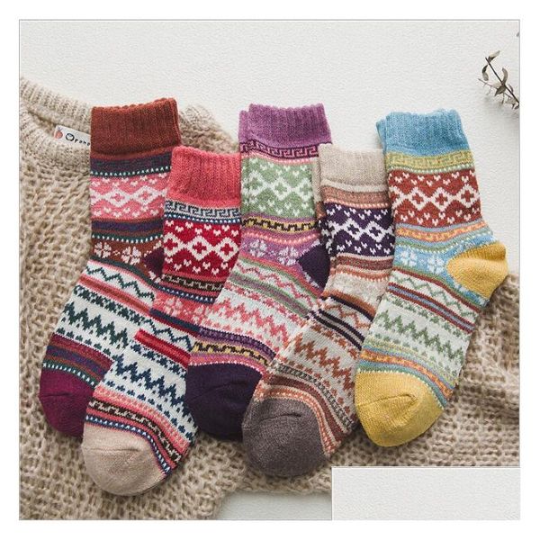 Kinder Socken Winter Thermal Vintage Colorf Strümpfe Wolle Strick Weihnachten Kneehigh Strumpfwaren Chaussettes Mode Baumwolle Casual Fußkettchen Dro Dhdwl