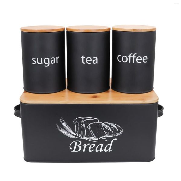 Aufbewahrung Flaschen Küchenbrotbox mit 3pcs Kaffee Zucker Tee Jar Bambusbrettabdeckung Gebäckbehälter Set Schwarz