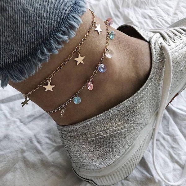 Tornozeleiras 2 PCs/set estrelas boêmias redondo pendente de ouro de corrente de corrente dupla camada anklet lady Party Beach Jewelry Gift