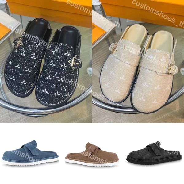 Designer Slipper Easy Sandal Scuff Flat Mules Comfort accogliente Sandali in pelle di vitello di lusso Zoccoli pantofola Stampa di lettere in denim Scarpe casual Piattaforma Infradito 35-45