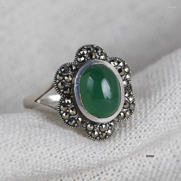 Ringos de cluster FNJ 925 Silver Ring for Women Jewelry Original Pure S925 Sterling Green Agate Stone Marcasite