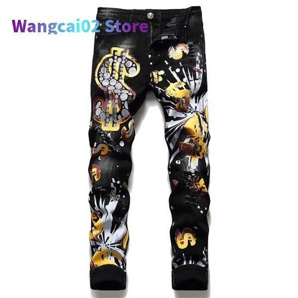 Jeans maschili da uomo jeans stampato maschi stampato uomo nero oro a quattro stagioni slim cot jeans pantaloni hip hop danza danza jeans di moda denim 022023h