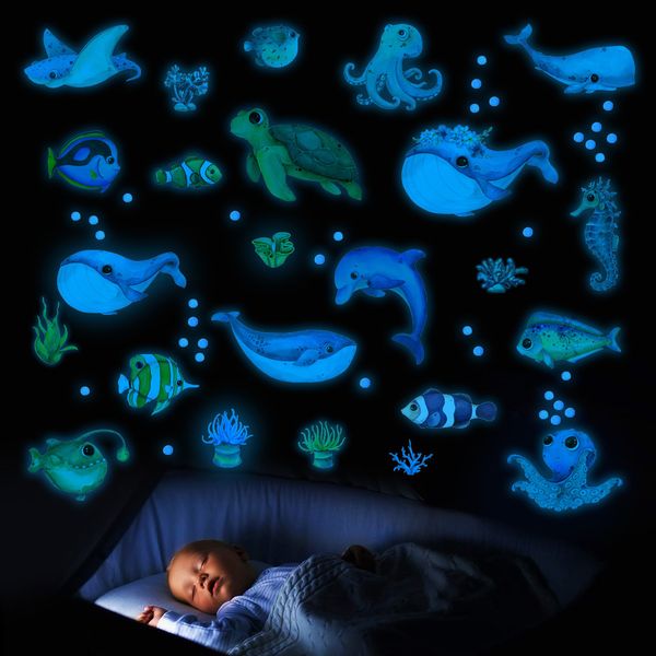 Duvar dekor mavi okyanus balık aydınlık çıkartmalar floresan balina ışıltı çocuklar için karanlıkta bebek odaları yatak odası ev çıkartma 230220