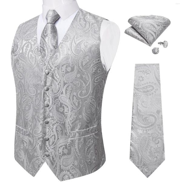 Herrenwesten Mode graue Herrenweste für Hochzeit Luxus Seiden Krawatte Pocket Square Manschettenknöpfe Set Sliver Gilet Homme Weste Kleid