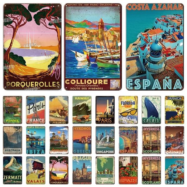 Città di viaggio Pittura artistica Targa in metallo Poster vintage Parigi HAWAII Paesaggio Retro Piatto Pittura artistica Casa Bar Pub Club Decorazione murale Dimensioni 30X20CM w02