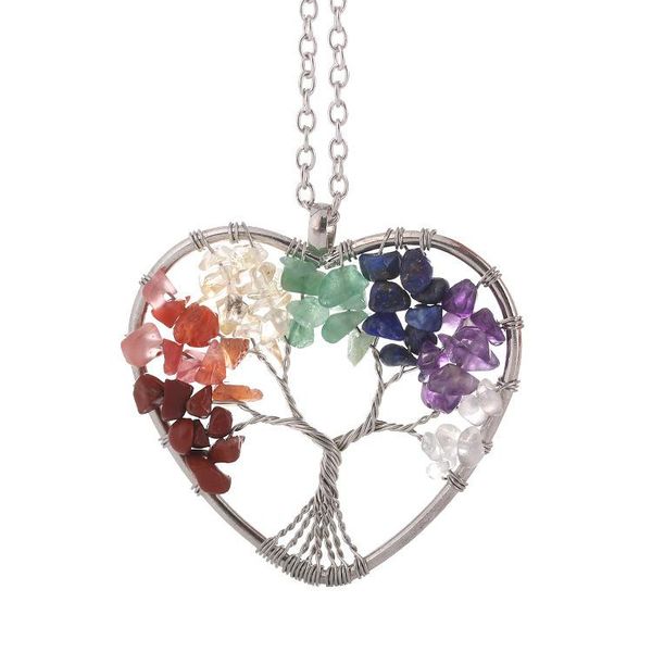 Collane con ciondolo Chakra Albero della vita Cuore Rame Schiacciato Pietra Perline Collana Pietre di quarzo Reiki Pendenti con pendolo Regalo da donna