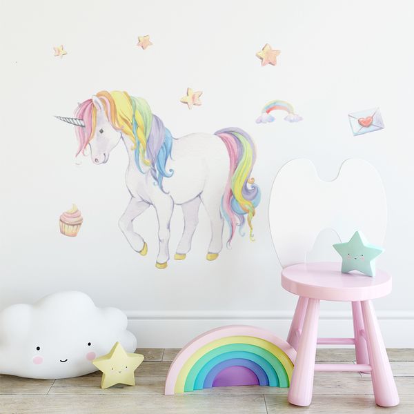 Decorazioni da parete Cartoon simpatico unicorno adesivi di unicorno fiori Castle Nursery decorazione per la casa per bambini bambine camera da letto decalcomanie pacifiche 230220