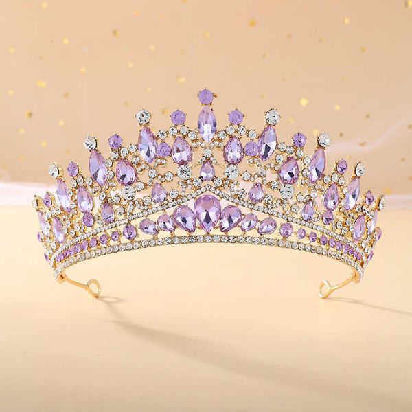 Tiaras Barock Gold Farbe Lila Flieder Rosa Kristall Strass Tiara Kronen Königin König Prinzessin Hochzeit Haarschmuck Brautdiademe Z0220