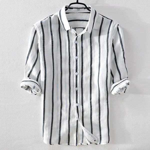 Camisas casuais masculinas da Itália Linen Men camisa moda moda de três quartos de manga branca linho colar gole confortável Camisa