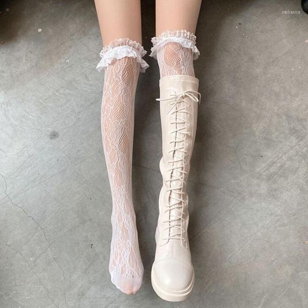 Frauen Socken Spitze Knie Lolita Schöne Mesh Schwarz Weiß Rüschen Rüschen Oberschenkel Hohe Lange Gothic Fischnetz Koreanische WSO006