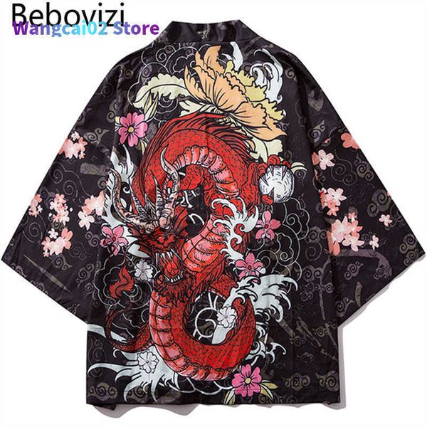 Giacche da uomo Bebovizi Japan Style Anime Dragon Stampato Kimono sottile nero Uomo Streetwear giapponese Oversize Losse Giacche Capispalla casual 022023H