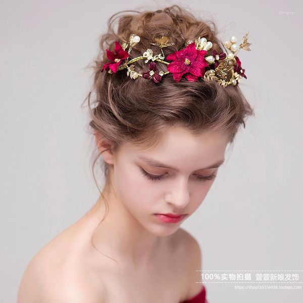 Dekorative Blumen Traditionelle chinesische Hochzeit Haarschmuck Vintage Roter Kristall Strass Brautkämme Braut Tiaras Zubehör