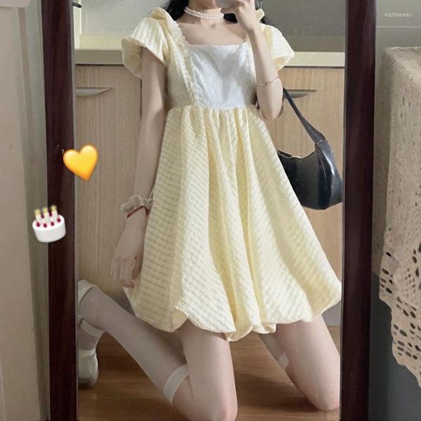 Vestidos de festa pescoço quadrado japonês design doce vestido princesa vestido curto manga de retalhos de estômago preppy vestido de baile fêmea feminina