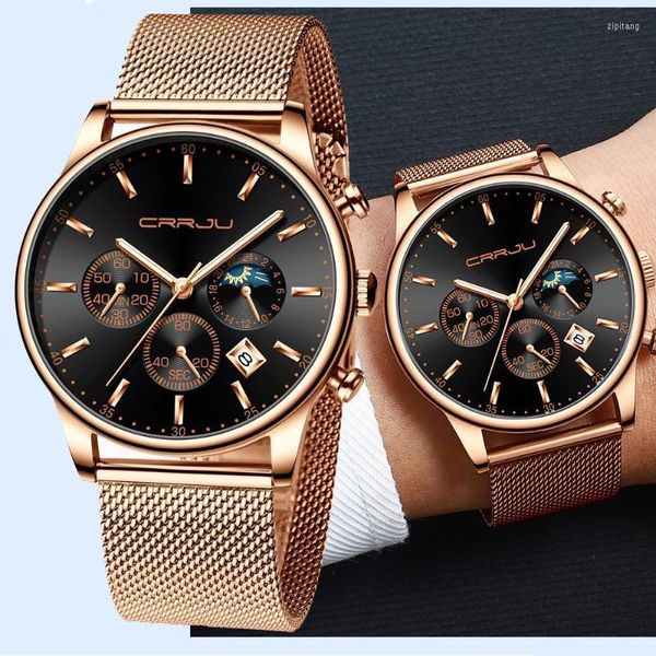 Armbanduhren Reloj Hombre CRRJU Top Luxus Männer Multifunktionsuhren Wasserdichte Business Casual Quarz Datum Armbanduhr Männlich Mesh Strap Cloc