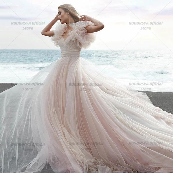 Платья для вечеринок пляж Принцесса свадебное платье розовые короткие пухлые рукава свадебные платья без спины бохо для невесты Вестидо де Новия 230221