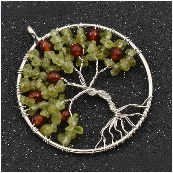 Charms Moda Litchi Pietra naturale Peridoto Albero della vita Rotondo per collana da donna Accessori per gioielli fai da te Charms Drop Delivery Dhxrs