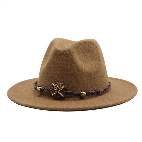 Wide Brim Hats Woolen Women Men Vintage Felt Fedoras Chain Top Hat Jazz Caps European American Round Bowler Panama Spring