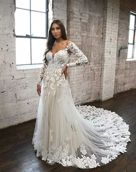 Длинные рукава кружевное аппликация свадебное платье A-Line Boho Beach Bridal Howns Summer 2023 Сексуальные платья невесты без спины.