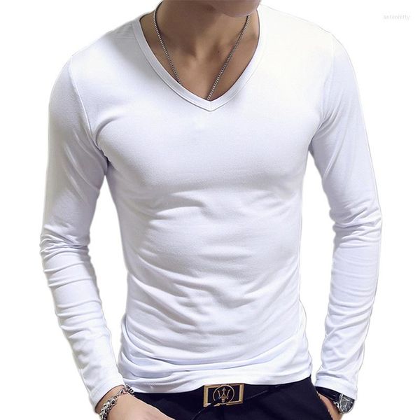 Herren Polos Weiß Einfarbig Basic Slim Herren T-Shirt Frühling Herbst Bottoming Shirt Rundhals V-Ausschnitt Casual Tops Langarmhemden