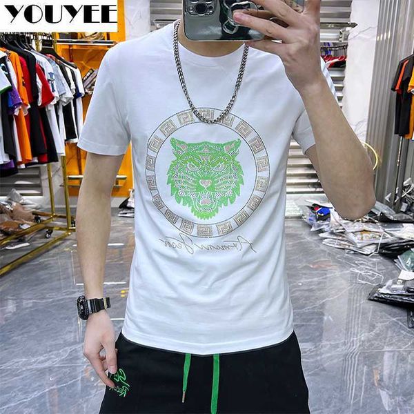 T-shirt da uomo T-shirt a maniche corte T-shirt da uomo Slim Tiger Head Hot Diamond Ice Silk Cotton 2022 Summer New Mens Designer Clothes Green M5XL Z0221