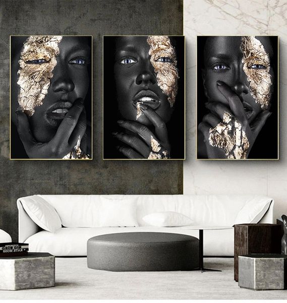 E stampe Immagine di arte della parete scandinava per soggiorno Arte africana Donna nera e oro Pittura a olio su tela Cuadros Poster Woo