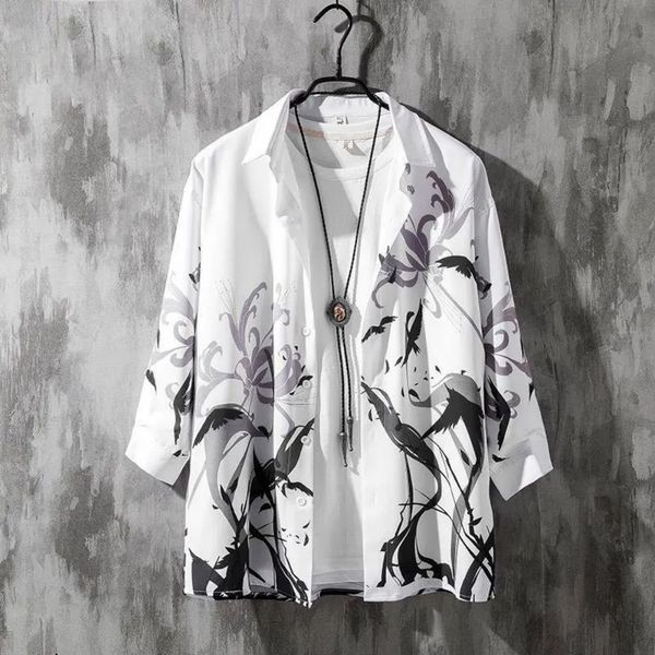 Männer Casual Hemden 2023 Sommer Kimono Strickjacke Männer Kran Druck Mode AsainStreetwear Kurzarm Samurai Harajuku Japanische Kleidung 230221