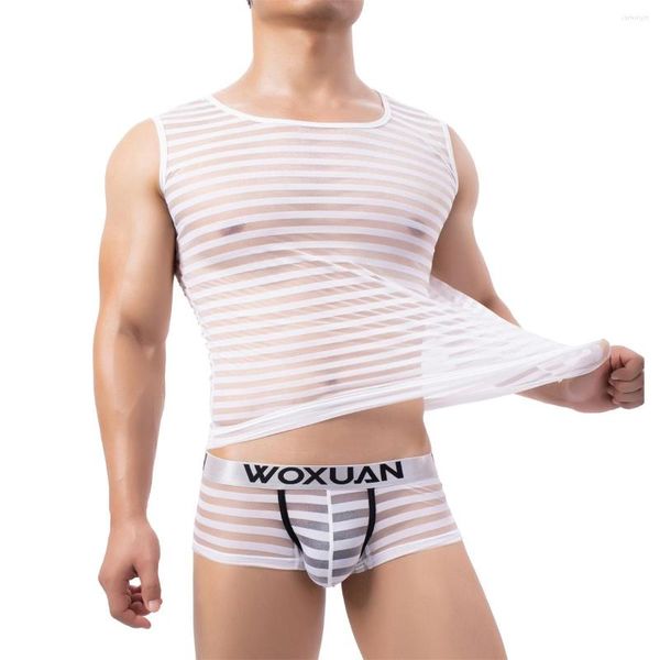 Tanque de tanques masculinos de chiffon msh mass transparentes homens sexy fitness fisichanding listras gays sem mangas/coletes