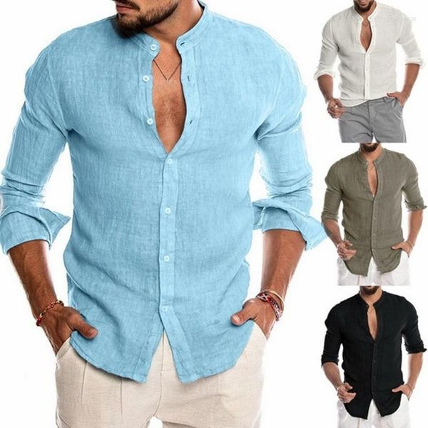 Camisa de linho de algodão masculina de cor sólida Cardigã de manga comprida para homens Camisas masculinas casuais com botão solto e sem gola