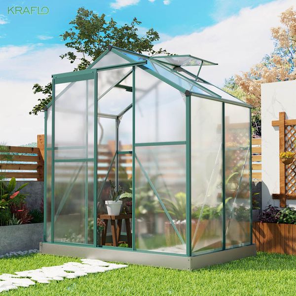 Außenterrasse 6,2 Fuß B x 4,3 Fuß T Gewächshaus Aluminium Hobby begehbares Polycarbonat-Gewächshaus mit 2 Fenstern, Sockel und Schiebetür für Garten, Hinterhof, grün