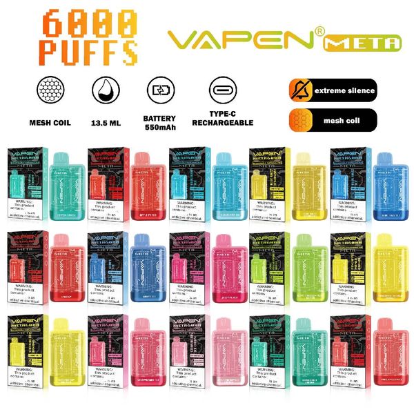 Authentique Vapen Meta 6000 bouffées Stylo Vape jetable Capacité de 13,5 ml Dispositif Kits de cigarettes électroniques électroniques Batterie 550mAh Barres Elf pré-remplies Vaporiezer Vapor