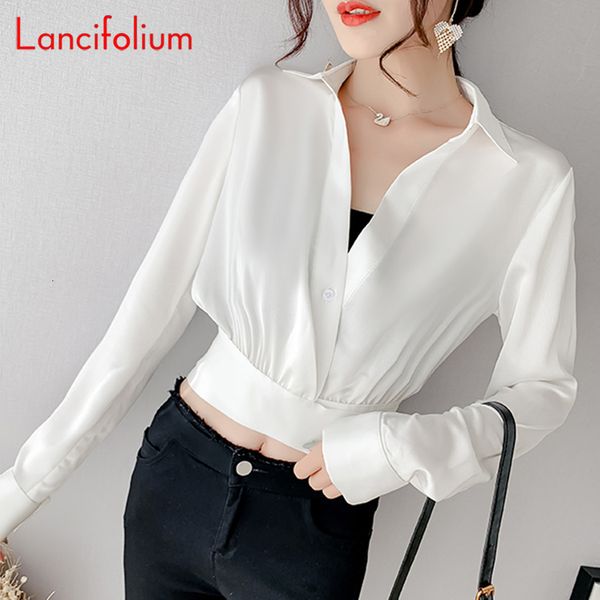 Женские блузкие рубашки Сексуальные белые укороченные летняя корейская мода с длинным рукавом рубашка дамы дизайнер v nece wrap top 230220