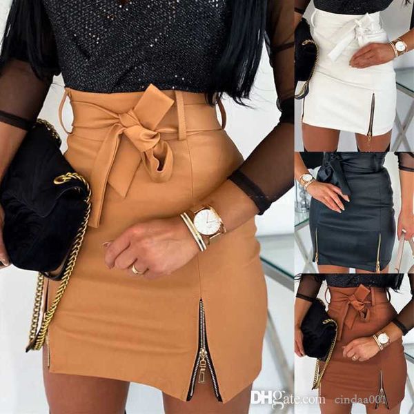 Frauen PU Leder Rock Mode A-Line Kleid Neue Sexy Strap Zipper Lace Up Hip Wrap Kleidung Mit Gürtel