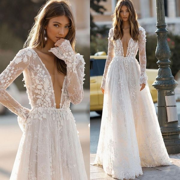 Платья для вечеринок сексуальное иллюзия кружевное свадебное платье Boho с длинным рукавом Deep v Open Back Sic