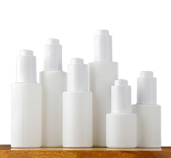 Bottiglie di vetro bianco a spalla piatta con gocce di pipetta per pressa per oli essenziali siero per profumo liquido cosmetico 20 ml 30 ml 50 ml 80 ml 100 ml 120 ml