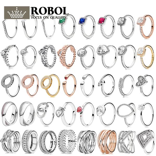 Real 925 anel de prata esterlina gravado com logotipo cintilante Love Heart Diamond Pandora Anel Gemstone feminino anel feminino