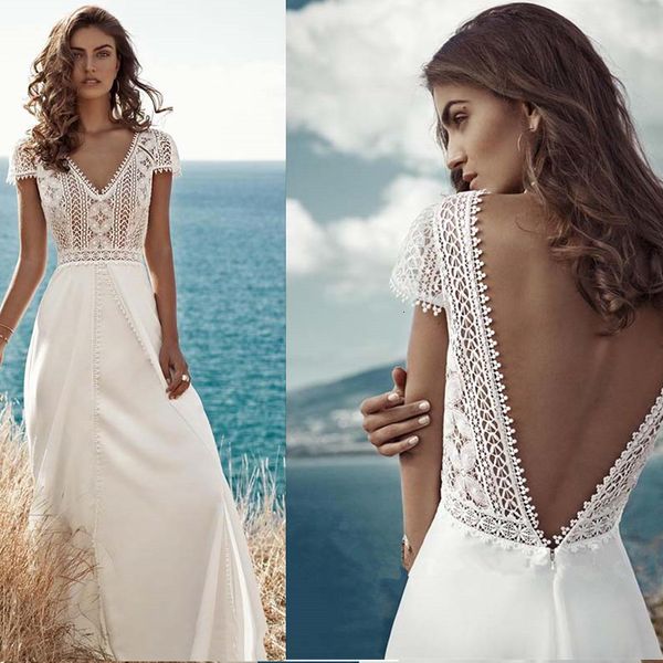 Parti Elbiseleri Dantel Şifon Düğün Beyaz Kadınlar için V Boyun Arka Plaj Gelin Elbise Kapak Süpürme Tren Bohem Robe De Mariee 230221