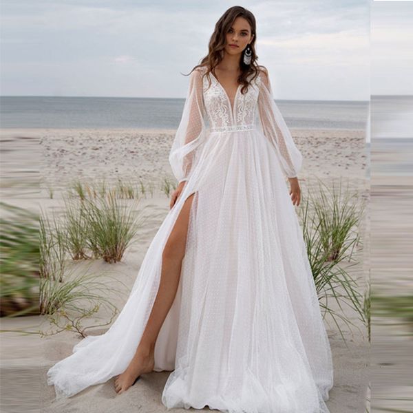 Abiti da festa TIXLEAR Abito da sposa Boho da spiaggia da donna 2023 con maniche lunghe a sbuffo con scollo a V e tulle con spacco alto in pizzo Abito da sposa su misura 230221