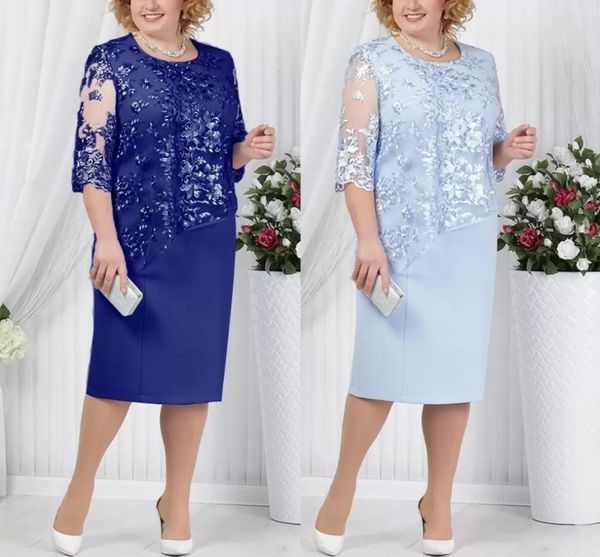 Jewel Neck Plus Size Kleider für die Brautmutter auf Lager, Königsblau, lange Ärmel, knielang, formelles Party-Hochzeitskleid für die Mutter FS7261