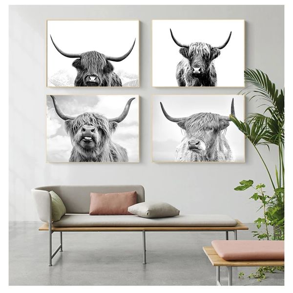 Animali Tela Pittura Poster e stampe Cuadros Immagine di arte della parete per soggiorno Decorazioni per la casa Bianco e nero Yak Highland Cow Woo