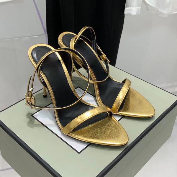 Sandali a spillo ciondoli lucchetto oro scarpe da donna stilista sandali alla caviglia a punta vestito in pelle scarpe da donna con tacco alto stretto 35-42 con scatola