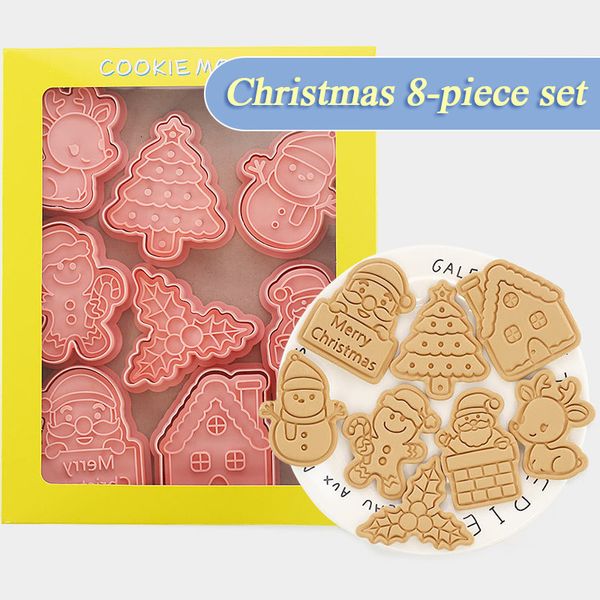 Moldes de cozimento 8pcs 3d Cores de biscoito de Natal Biscoito molde Santa Snowman Tree Elk Cookie Mold Stamp de Natal Decoração de festa Ferramentas de cozimento 2302221