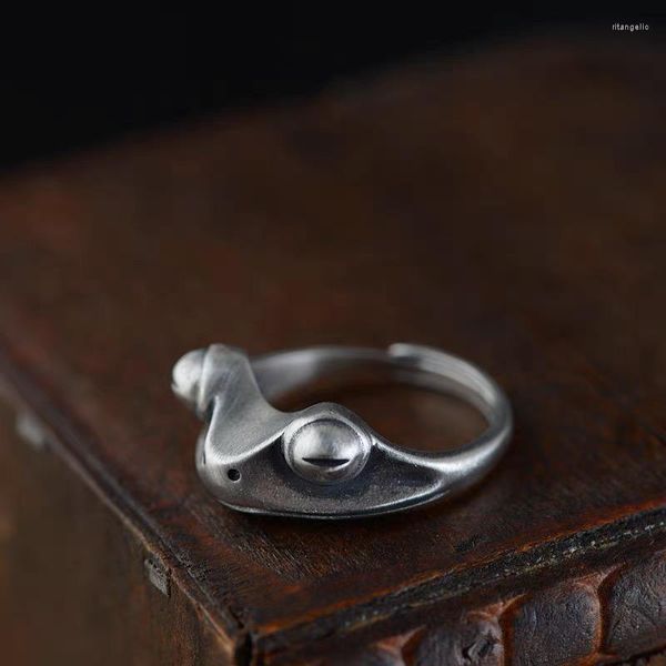 Küme halkaları gerçek gümüş retro büyük gözler kurbağa yüzüğü kadın için s925 sterlin vintage küçük hayvan açık ince mücevher hediyesi