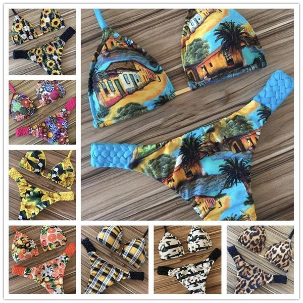 Mutade feminina 2023 Bikinis Sexy String Sunflower feminino Triângulo Triângulo Copo Biquíni Sets Thong Halter Micro Swimsuit Bandagem