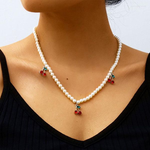 Colares pendentes de temperamento chique imitação de pérolas de pérolas de cristal vermelho colar de cereja feminina jóias geométricas xr3210