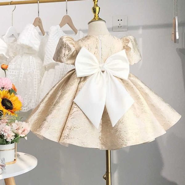 Abiti da ragazza Neonata Abito da principessa Manica a sbuffo Neonato Bambino Adolescente Fiocco Vestido Oro Festa di compleanno Abito da ballo Natale Vestiti per bambini 1-14 anni