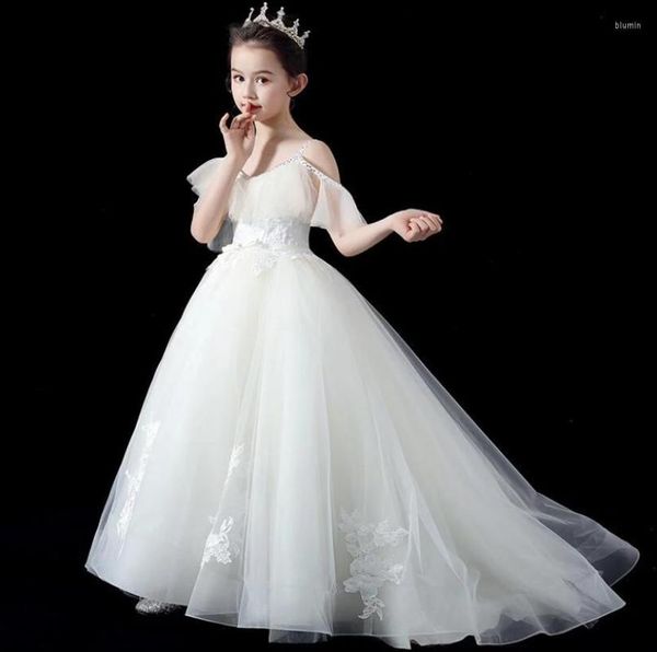 Mädchen Kleider Weiß Spitze Tailing Hochzeit Kleid Perlen Kinder Für Mädchen Kinder Kostüm Prinzessin Party Kommunion Langes Kleid