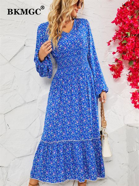 Lässige Kleider BKMGC Blau Mintgrün Lose Kurzarm Mittlere Taille V-Ausschnitt A-Linie Blumendruck Elegantes Frauen Langes Sommerkleid 2857 230221