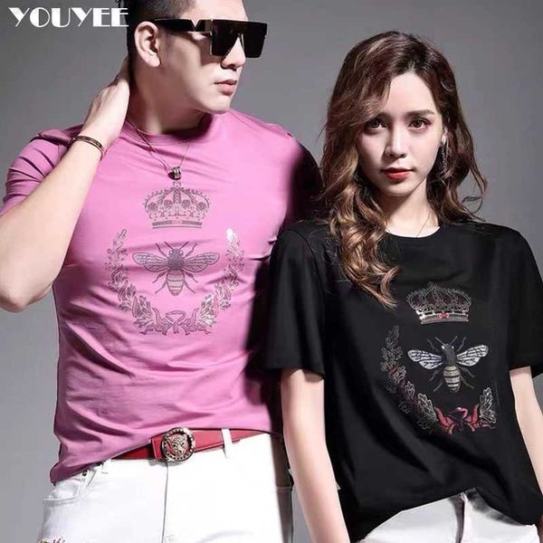 Herren T-Shirts T-Shirt Herren Biene Krone Vergoldung Muster Mehrfarbig 2021 Sommer Neuer Trend Hochwertige Baumwolle Hübsches Blau Gelb Rosa Männliches Top Z0221