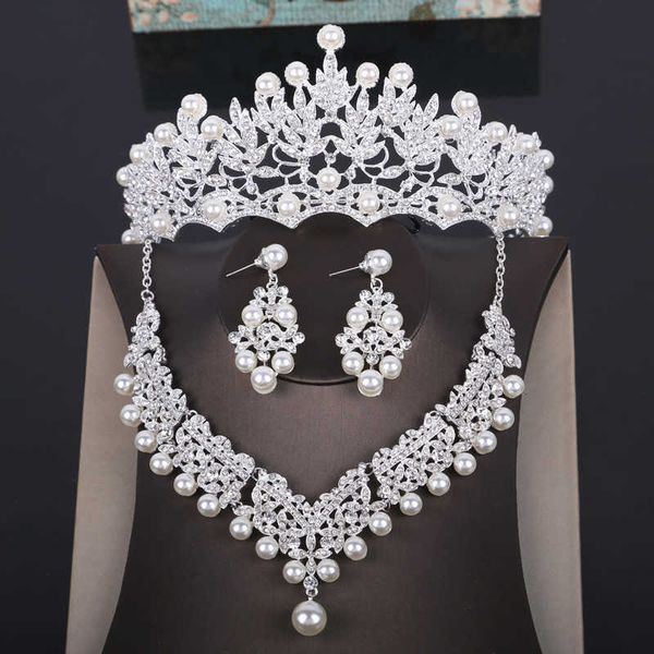 Diademi Fashion Crystal Pearl Costume Set di gioielli Collana di strass Orecchini Orecchini Corona Diademi Set di gioielli da sposa per donna Z0220